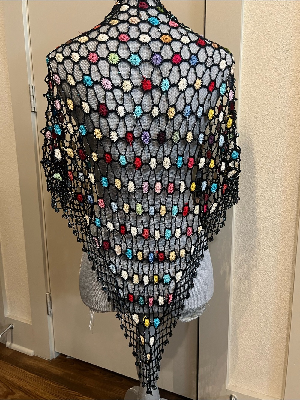 Vintage Bohemian Black Crochet and Beaded Shawl with Vibrant Multicolor Flowers